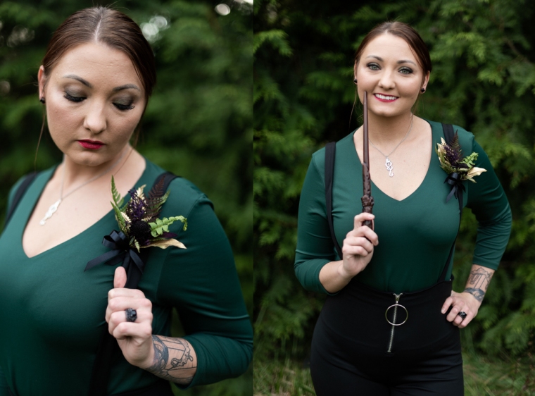 A bride poses with her wand for portraits during her harry potter themed wedding